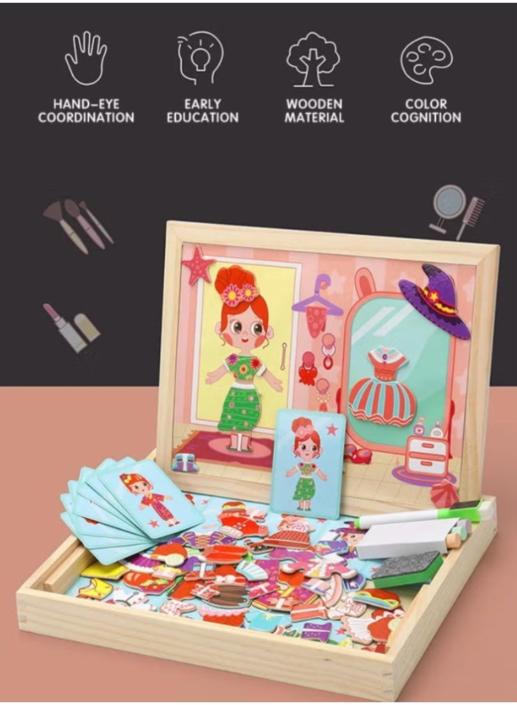 Magnetic Drawing Board, Girls Dress up themed toys, Wooden Puzzles Games Toys for Kids Drawing Learning - Image 4