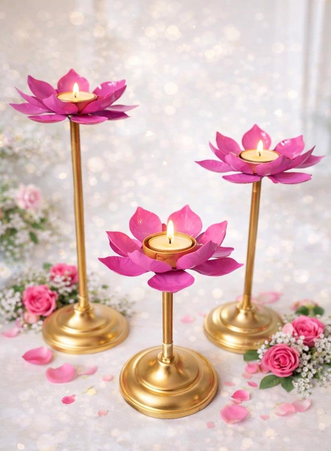 Agaas EnterprisesLotus Shape Tealight Candle Holder Set of 3 -Decorative Metal Metal Diya for Festival Perfect for Home&Diwali Decor - Image 1