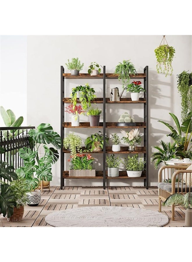 Ladder Shelf, 5 Tier Freestanding Bookshelf, Corner Storage Shelve Display Rack with 3 Hooks, Wood and Metal Storage Rack for Home Office Living Room Kitchen, 50*30*160cm (SGG042 Brown) - Image 3