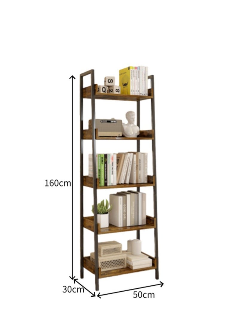 Ladder Shelf, 5 Tier Freestanding Bookshelf, Corner Storage Shelve Display Rack with 3 Hooks, Wood and Metal Storage Rack for Home Office Living Room Kitchen, 50*30*160cm (SGG042 Brown) - Image 2