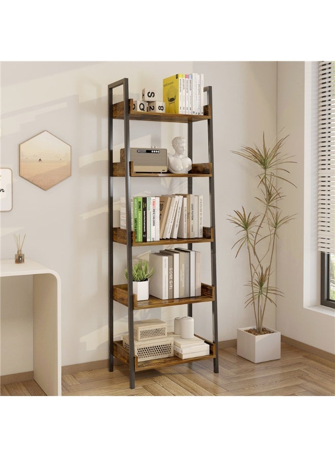 Ladder Shelf, 5 Tier Freestanding Bookshelf, Corner Storage Shelve Display Rack with 3 Hooks, Wood and Metal Storage Rack for Home Office Living Room Kitchen, 50*30*160cm (SGG042 Brown) - Image 1