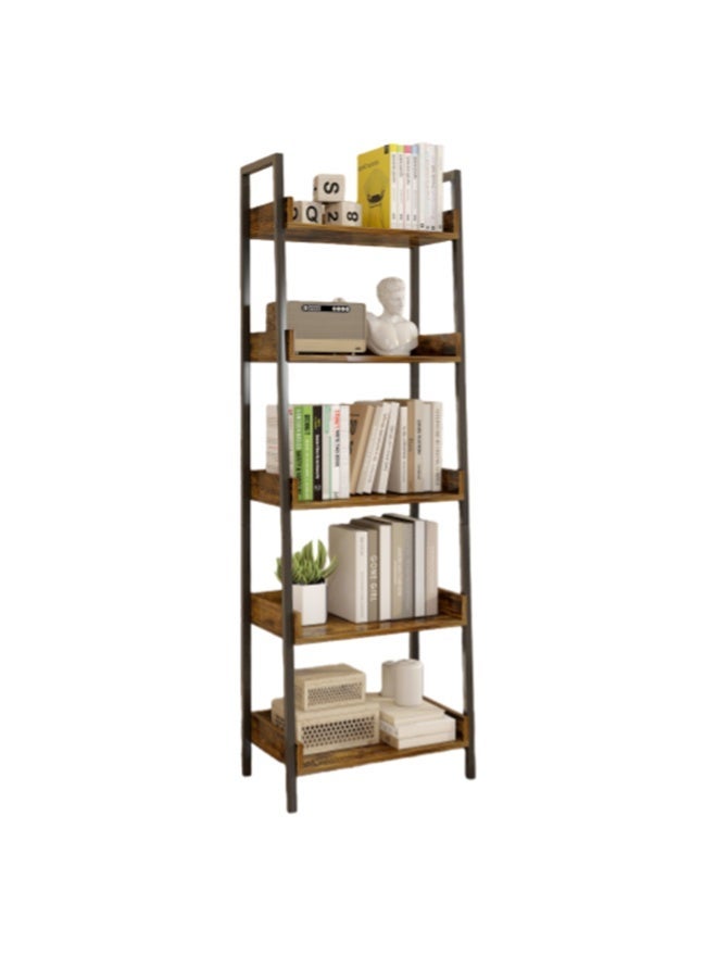 Ladder Shelf, 5 Tier Freestanding Bookshelf, Corner Storage Shelve Display Rack with 3 Hooks, Wood and Metal Storage Rack for Home Office Living Room Kitchen, 50*30*160cm (SGG042 Brown) - Image 5