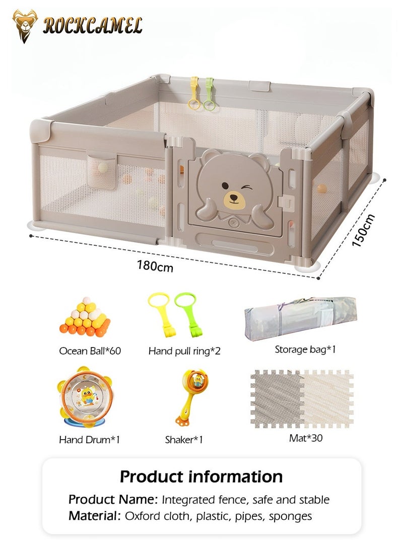 ROCKCAMEL Baby Playpen with 30pcs Wood Pattern Foam Floor Mats & 2 Musical Toys, 150x180cm Indoor Activity Center Safety Fence with 50 Balls, 2 Grab Handles for Infants Toddlers, Grey - Image 4