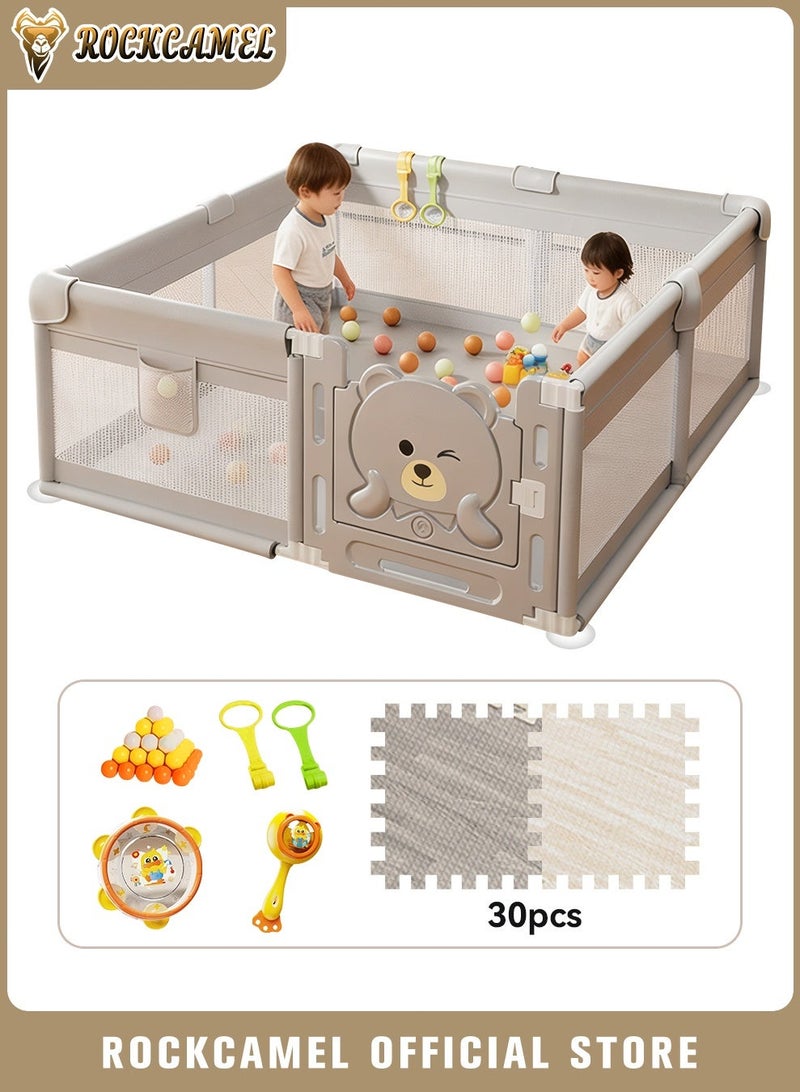 ROCKCAMEL Baby Playpen with 30pcs Wood Pattern Foam Floor Mats & 2 Musical Toys, 150x180cm Indoor Activity Center Safety Fence with 50 Balls, 2 Grab Handles for Infants Toddlers, Grey - Image 1