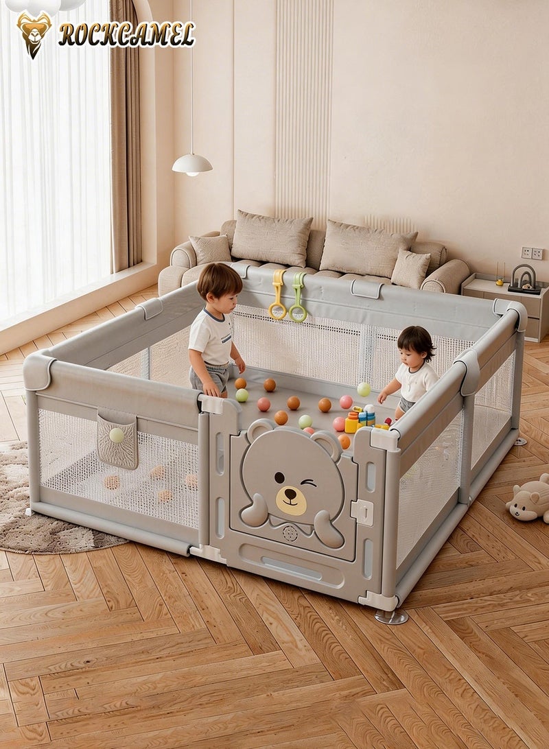 ROCKCAMEL Baby Playpen with 30pcs Wood Pattern Foam Floor Mats & 2 Musical Toys, 150x180cm Indoor Activity Center Safety Fence with 50 Balls, 2 Grab Handles for Infants Toddlers, Grey - Image 2