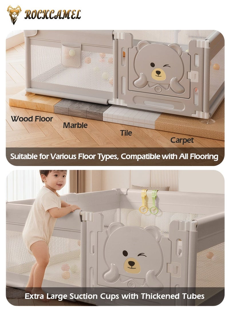 ROCKCAMEL Baby Playpen with 30pcs Wood Pattern Foam Floor Mats & 2 Musical Toys, 150x180cm Indoor Activity Center Safety Fence with 50 Balls, 2 Grab Handles for Infants Toddlers, Grey - Image 5