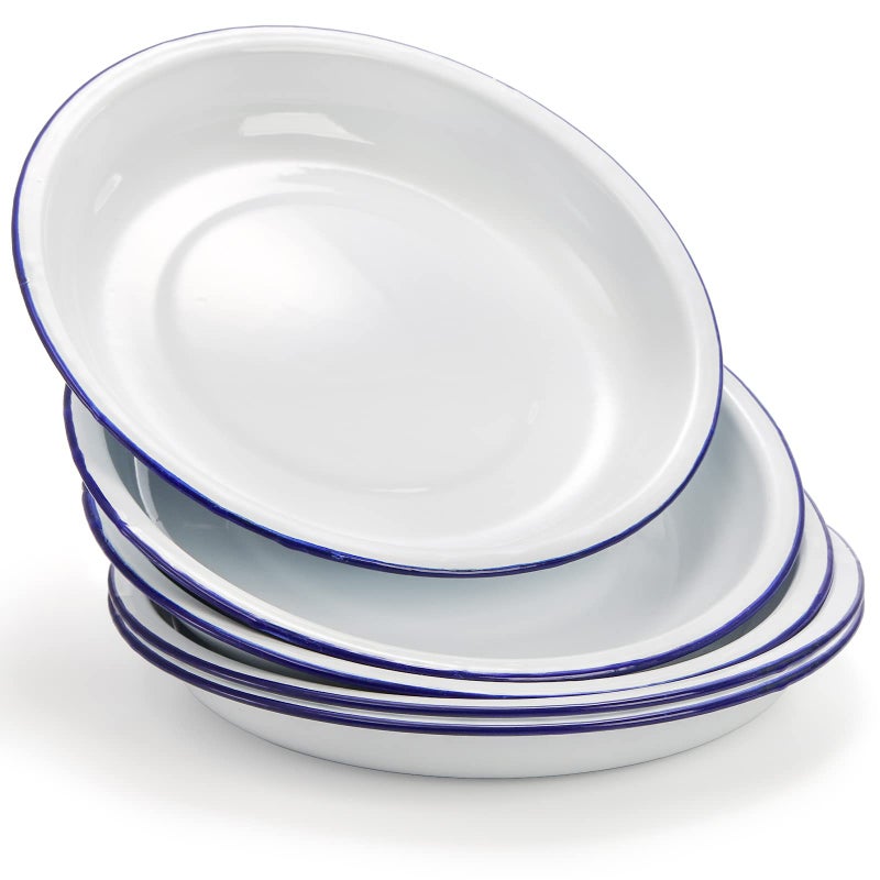 Dicunoy Dicunoy Pack of 5 Enamel Plates 95 Unbreakable Enamelware Dinner Serving Platter Trays Retro White Round Shallow Bowls with Blue Rim for Pasta Salad Camping Outdoor Picnic BBQ 