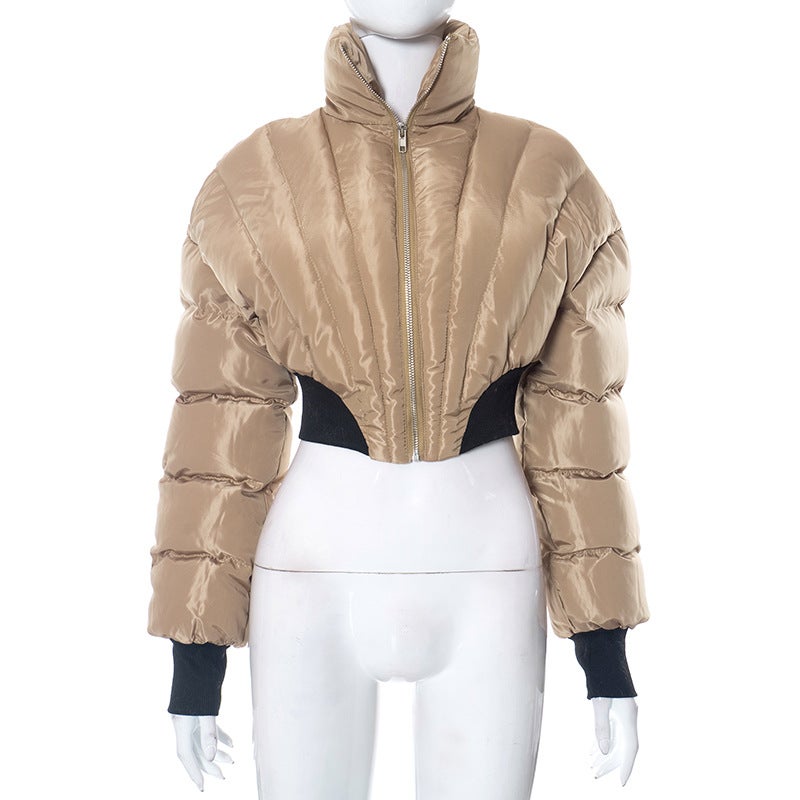 Winter Pure Color Zip-up Collared Womens Puffer Jacket Brown - Image 1