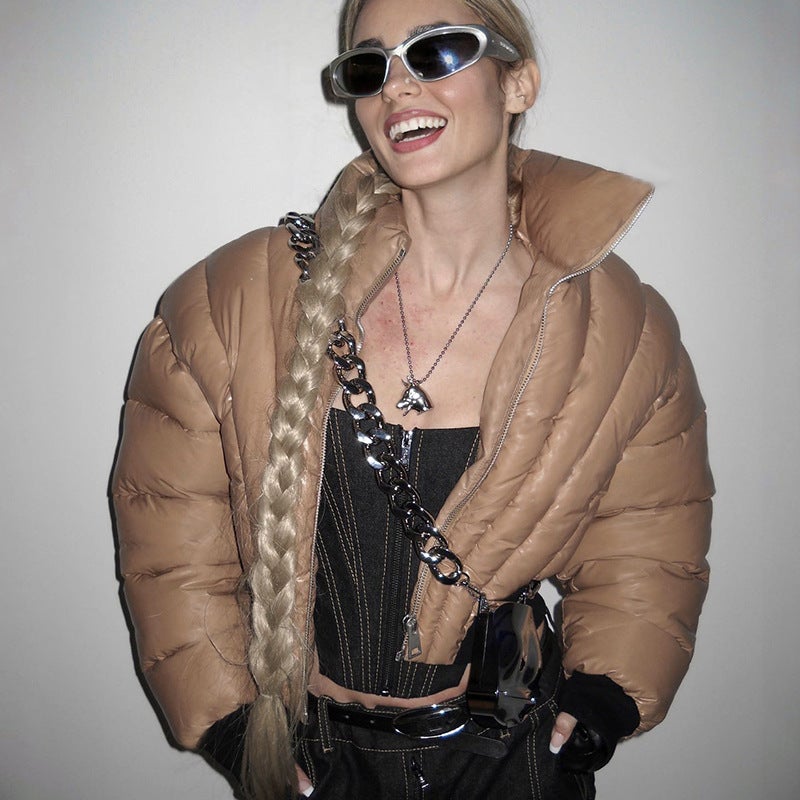 Winter Pure Color Zip-up Collared Womens Puffer Jacket Brown - Image 4