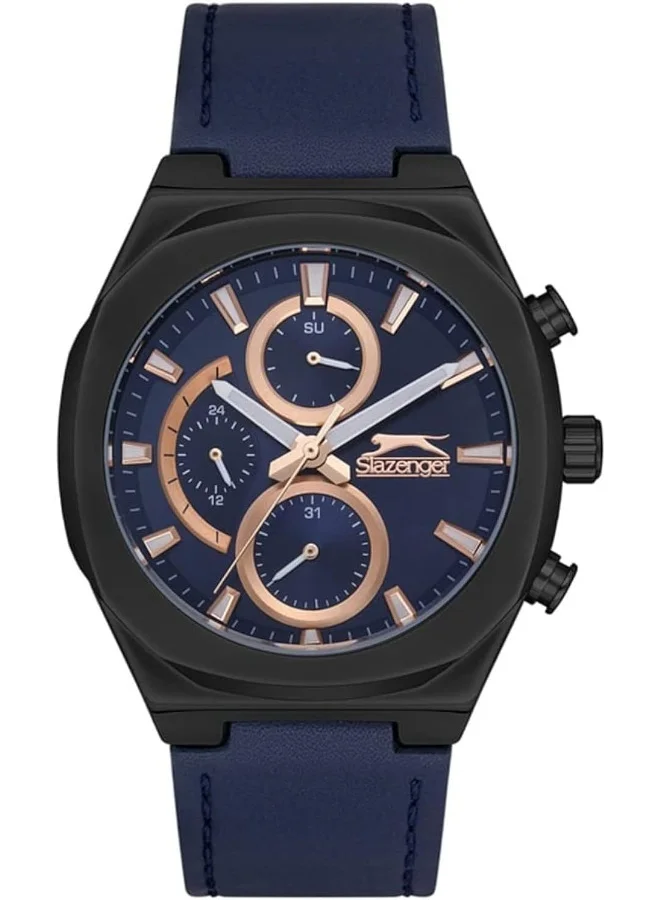 سلازنجر Men'S Quartz Movement Watch, Multi Function Display And Leather Strap