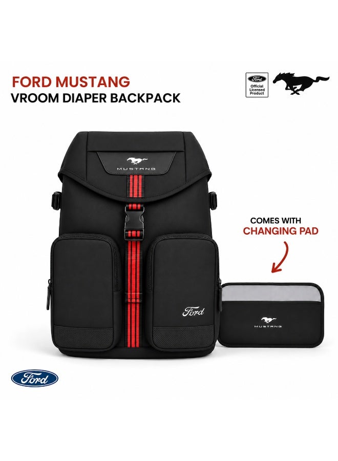 Ford Mustang - Vroom Diaper Backpack with Waterproof Changing Mat, upto 5 kg, Black - Image 1