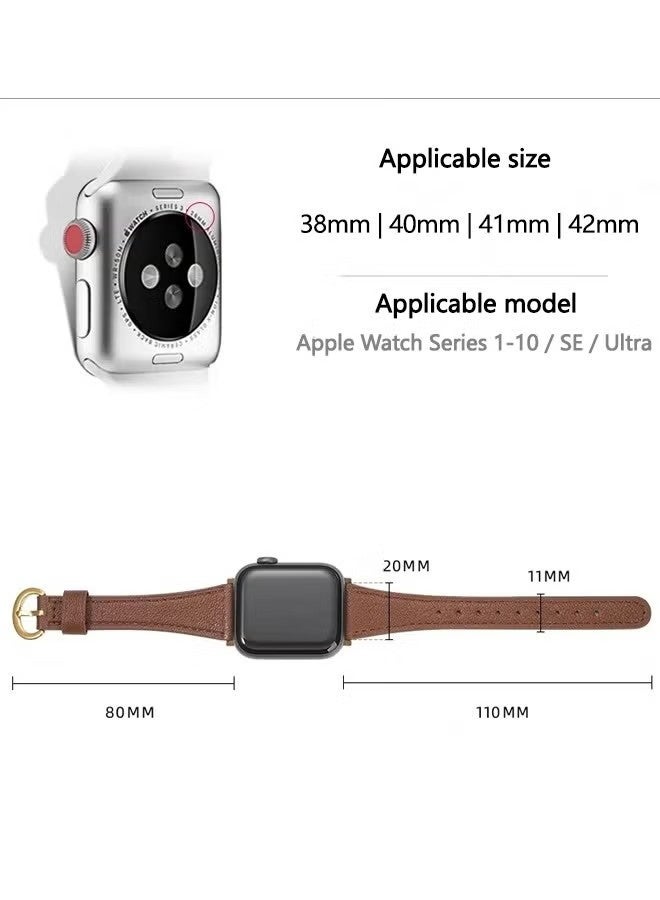 حزام من الجلد الطبيعي عالي الجودة لساعة Apple Watch، متوافق مع أحجام 38 مم و40 مم و41 مم و42 مم، حزام رفيع للسيدات لسلسلة iWatch 11 و10 و9 و8 و7 و6 و5 و4 و3 و2 و1 وSE وUltra 2، للاستخدام اليومي، لون بني - Image 2