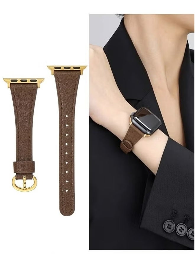 حزام من الجلد الطبيعي عالي الجودة لساعة Apple Watch، متوافق مع أحجام 38 مم و40 مم و41 مم و42 مم، حزام رفيع للسيدات لسلسلة iWatch 11 و10 و9 و8 و7 و6 و5 و4 و3 و2 و1 وSE وUltra 2، للاستخدام اليومي، لون بني - Image 1