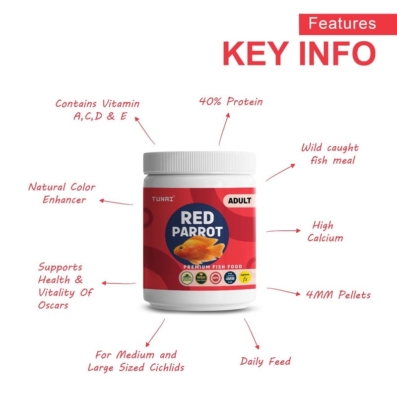 TUNAI Supreme Fx Red Parrot Fish Food for Growth & Color |250G, 4Mm Pellets| Fortified with 40% Protein and Vitamins, All Life Stages - Image 4