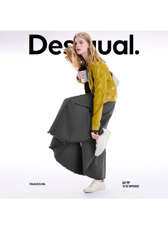 DESIGUAL 25 Autumn/Winter New Product Frayed Hemline Patchwork Design Fishtail Gray Midi Skirt - Image 2