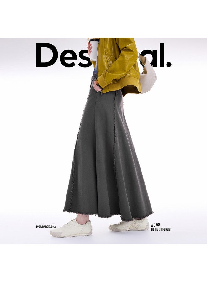 DESIGUAL 25 Autumn/Winter New Product Frayed Hemline Patchwork Design Fishtail Gray Midi Skirt - Image 3