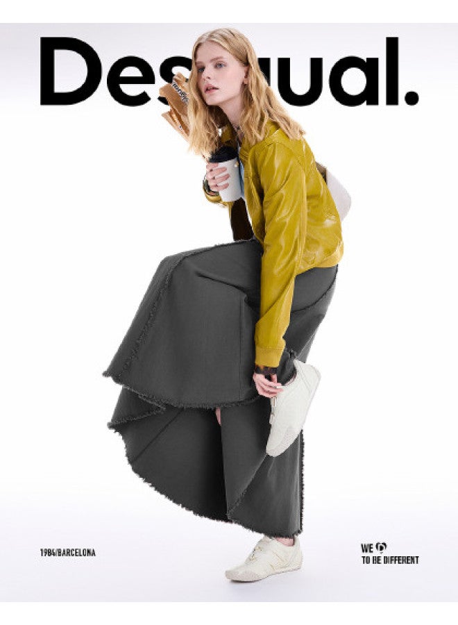 DESIGUAL 25 Autumn/Winter New Product Frayed Hemline Patchwork Design Fishtail Gray Midi Skirt - Image 1