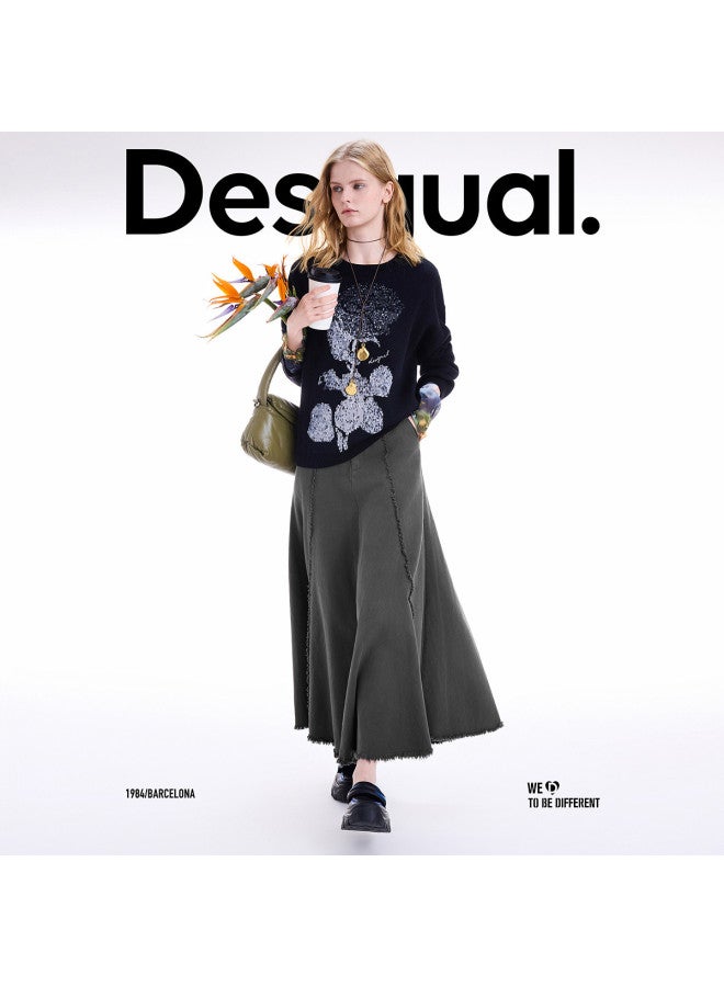 DESIGUAL 25 Autumn/Winter New Product Frayed Hemline Patchwork Design Fishtail Gray Midi Skirt - Image 5