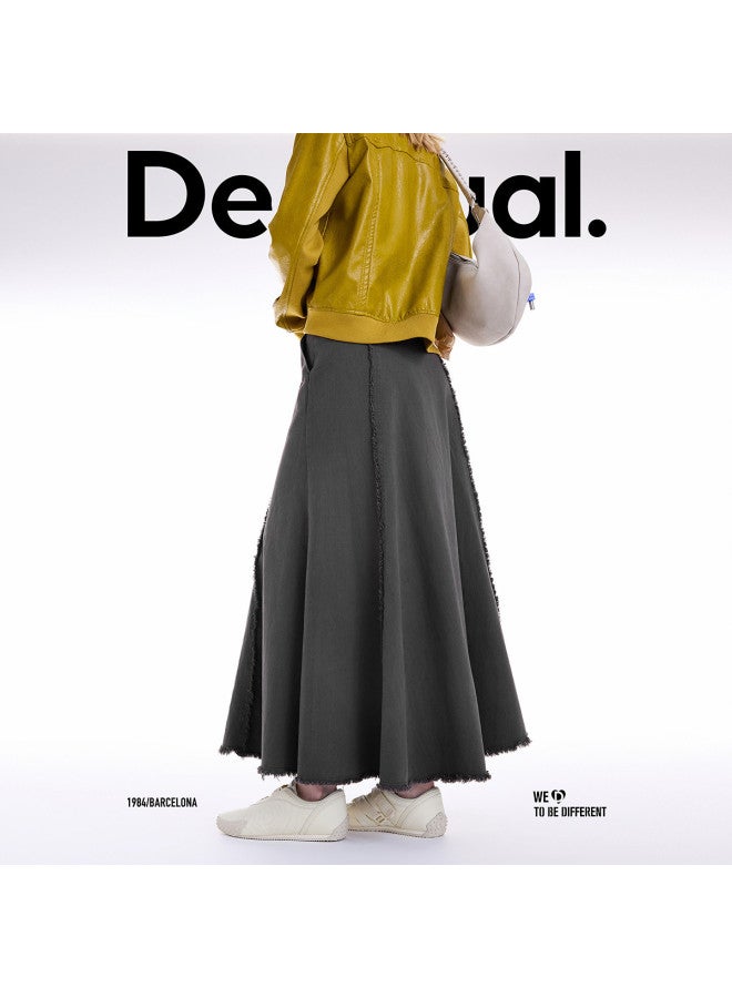 DESIGUAL 25 Autumn/Winter New Product Frayed Hemline Patchwork Design Fishtail Gray Midi Skirt - Image 4