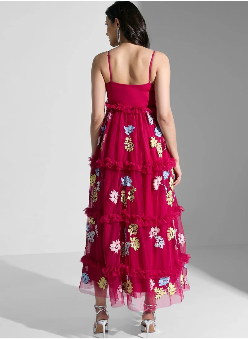 Maya Strappy Embroidered Ruffle Dress