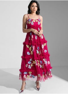 Strappy Embroidered Ruffle Dress