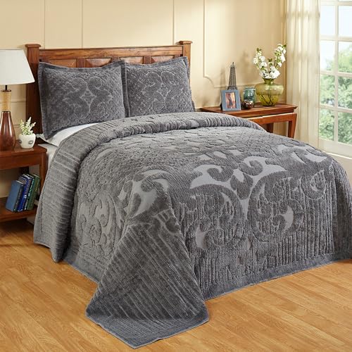 Better Trends 1 Piece Bedspread 100% Cotton Chenille Bedspread Coverlet Luxurious Medallion Pattern Bedspread King 120" X 110" Size Soft Lightweight Gray Tufted All Season Bedding Ashton Collection - Image 1