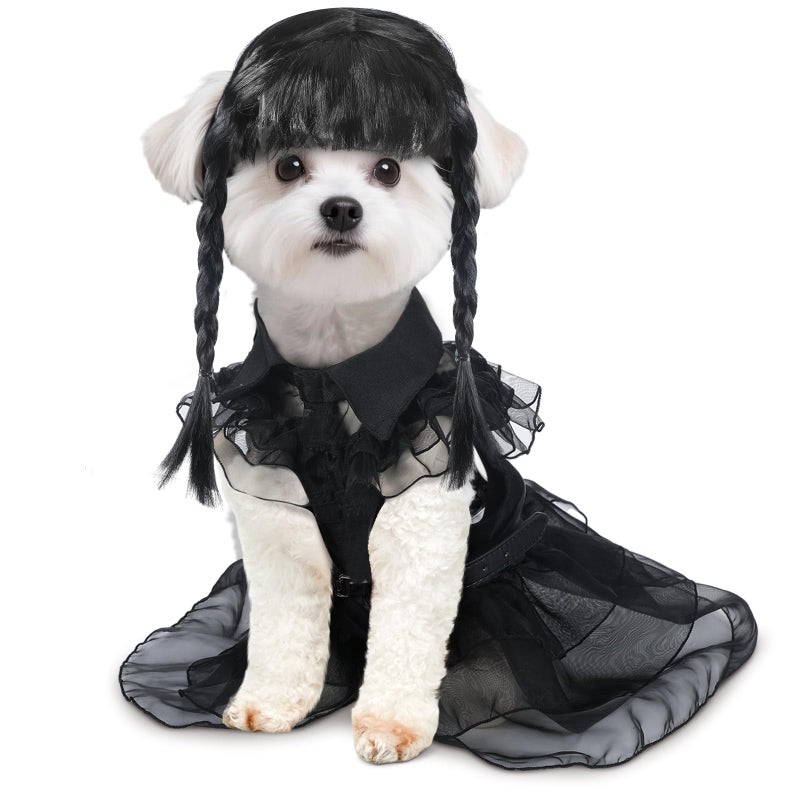 Coume 3 Pcs Halloween Dog Costumes for Dog with Belt and Wig Black Cute Pet Costume Dress for Puppy Dogs Cats Cosplay Halloween Birthday Party Outfit(M) - Image 1