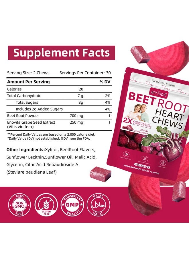 BIYODE مكمل مضغ جذر الشمندر BIYODE: 700 ملغ من مسحوق جذر الشمندر 250 ملغ من مستخلص بذور العنب دعم صحي للقلب دعم أكسيد النيتريك في الدم مضاد للأكسدة بنكهة توت الرمان سكر منخفض غير معدل وراثيًا 60 مضغ - Image 2