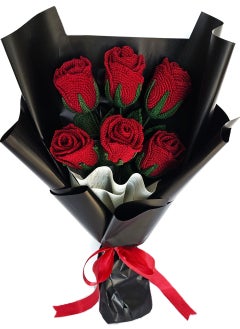 JewelOnPalette Handcrafted Crochet Rose Bouquet, 6 Red Roses with Green Leaves, Bouquet Wrapped  - Image 1