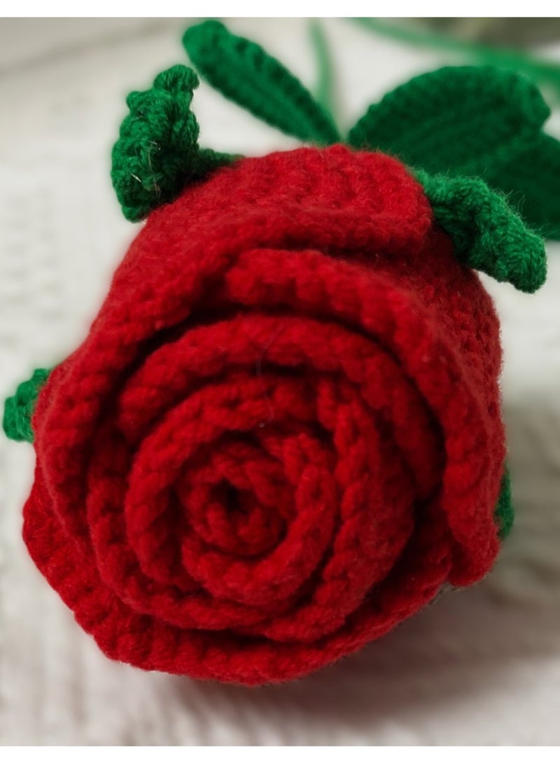 JewelOnPalette Handcrafted Crochet Rose Bouquet, 6 Red Roses with Green Leaves, Bouquet Wrapped - Image 3