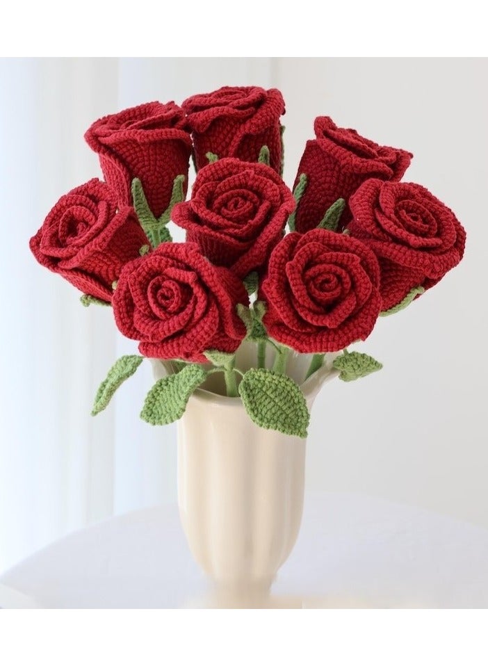 JewelOnPalette Handcrafted Crochet Rose Bouquet, 6 Red Roses with Green Leaves, Bouquet Wrapped - Image 5