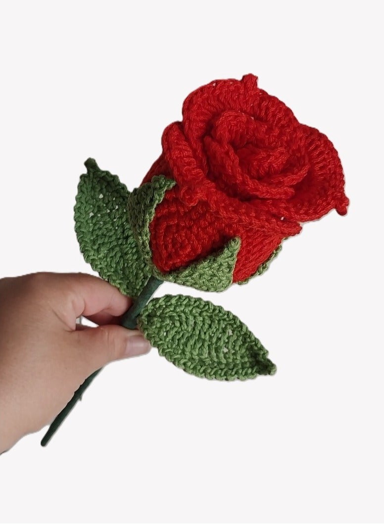 JewelOnPalette Handcrafted Crochet Rose Bouquet, 6 Red Roses with Green Leaves, Bouquet Wrapped - Image 4