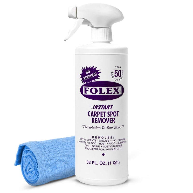FOLEX Instant Carpet Spot Remover 32 oz - Powerful Stain Remover for Carpets, Upholstery & Rugs - Eliminates Pet Stains, Grease, Red Wine, Food, Makeup & More - With Reusable Cleaning Cloth - 1 Pack - Image 1