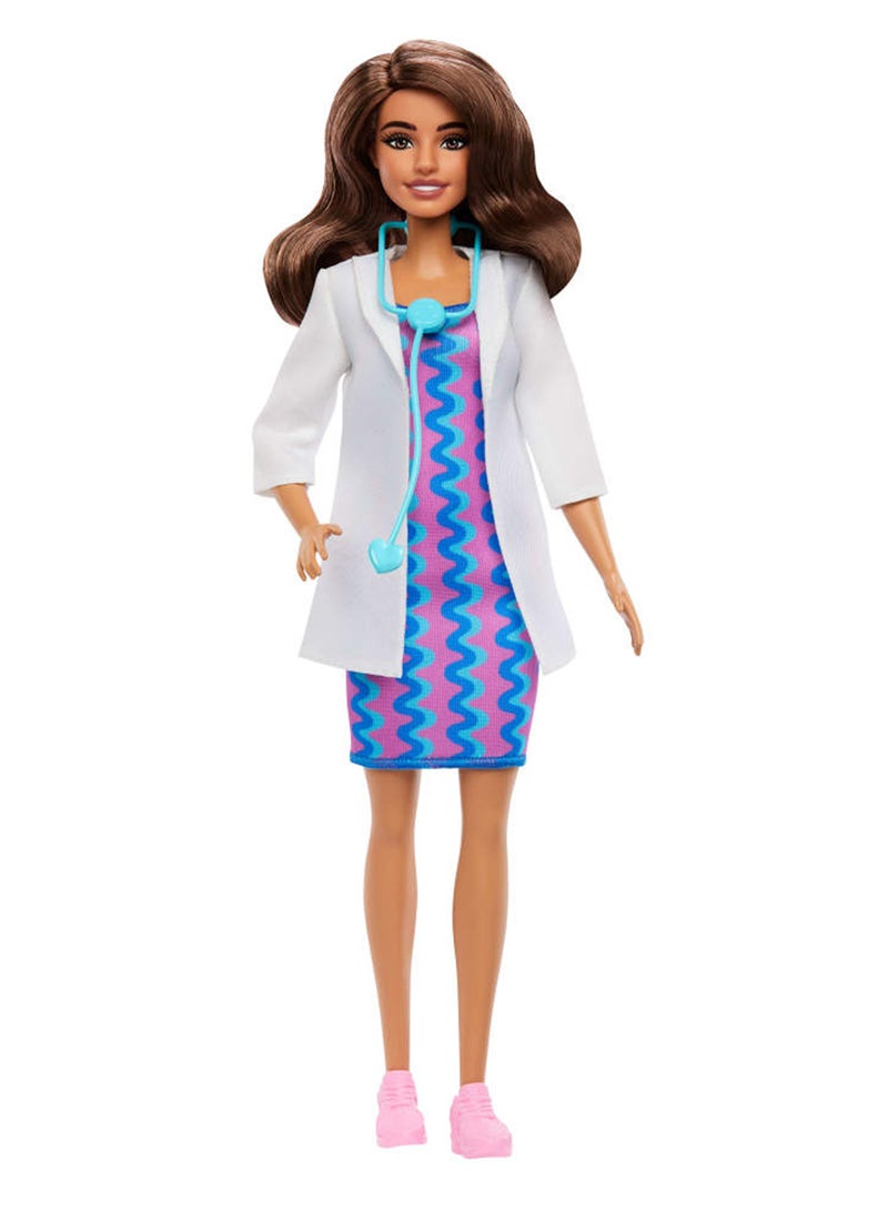 Barbie Careers Doctor Fashion Doll Wearing Removable Look with White Coat, Dress & Shoes, Plus Stethoscope Accessory - Image 1