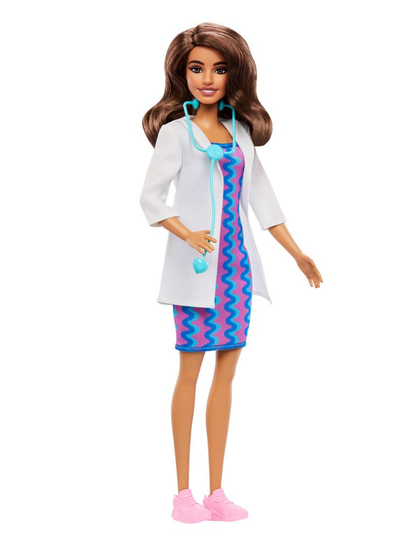 Barbie Careers Doctor Fashion Doll Wearing Removable Look with White Coat, Dress & Shoes, Plus Stethoscope Accessory - Image 4