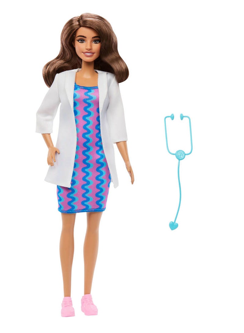 Barbie Careers Doctor Fashion Doll Wearing Removable Look with White Coat, Dress & Shoes, Plus Stethoscope Accessory - Image 5