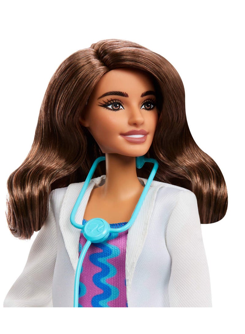 Barbie Careers Doctor Fashion Doll Wearing Removable Look with White Coat, Dress & Shoes, Plus Stethoscope Accessory - Image 2
