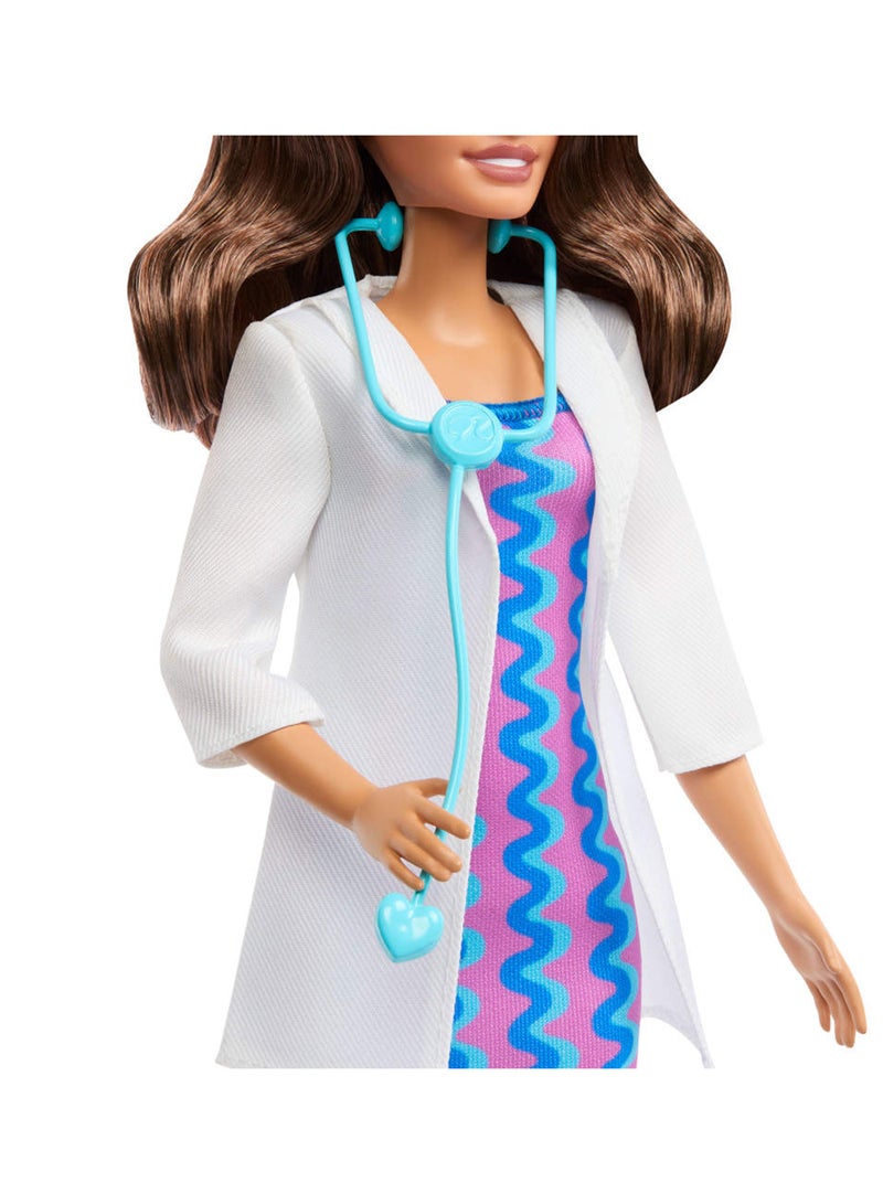 Barbie Careers Doctor Fashion Doll Wearing Removable Look with White Coat, Dress & Shoes, Plus Stethoscope Accessory - Image 3