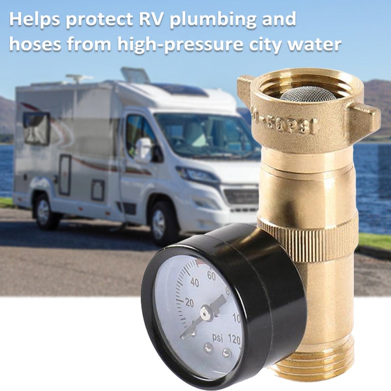 RV Water Pressure Regulator: 3/4 Inch Lead-Free Brass Gold - Real-Time Pressure Gauge With Inlet Screen Filter Pressure Reducing Valve for RV Campers, Boats, Garden Irrigation - Image 3