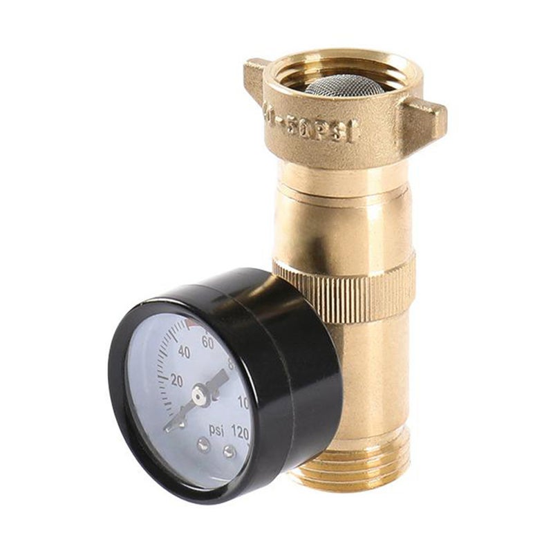 RV Water Pressure Regulator: 3/4 Inch Lead-Free Brass Gold - Real-Time Pressure Gauge With Inlet Screen Filter Pressure Reducing Valve for RV Campers, Boats, Garden Irrigation - Image 1