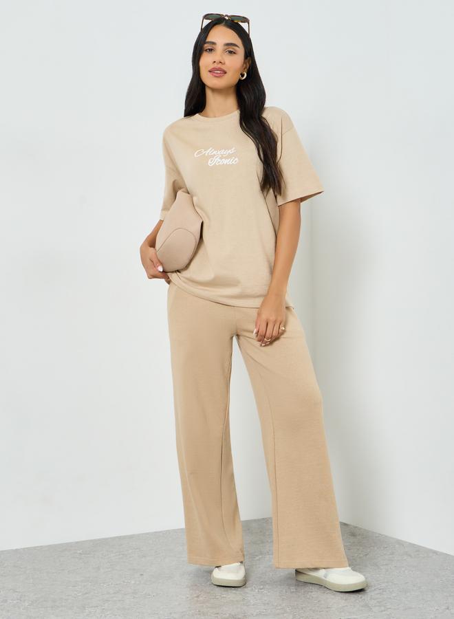Styli Beige Slogan Print Oversized T-Shirt - Image 2
