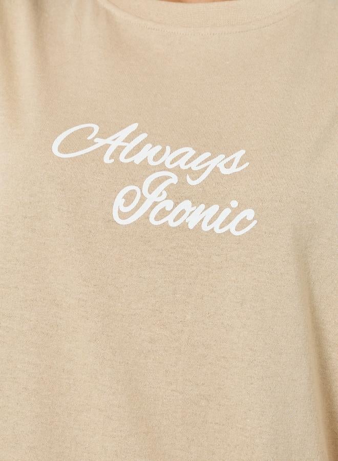 Styli Beige Slogan Print Oversized T-Shirt - Image 3