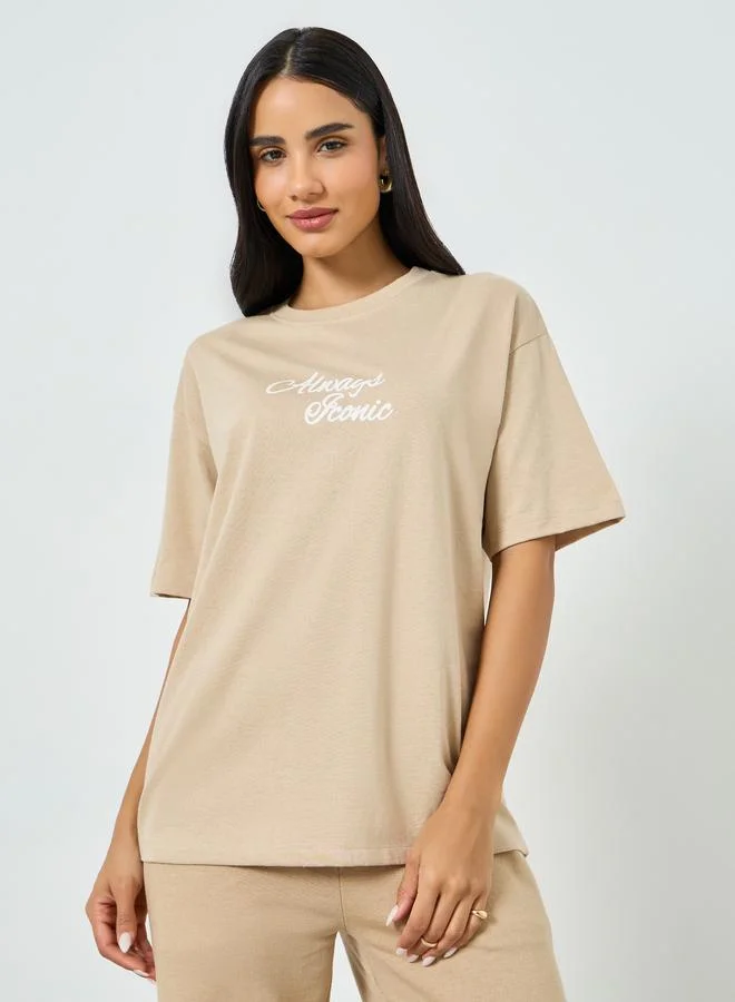 Beige Slogan Print Oversized T-Shirt