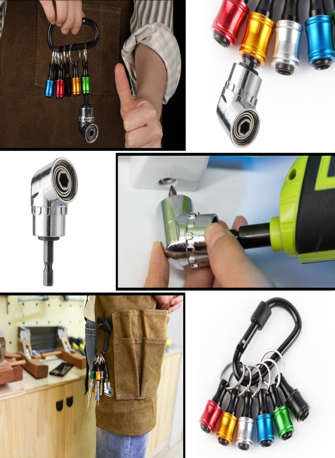 Katerk 1/4inch Hex Shank Aluminum Alloy Screwdriver Bits Holder Extension Bar Drill Screw Adapter Change Keychain Portable（6PC color with black carabiner）, Includes 105° Right Angle Drill - Image 2