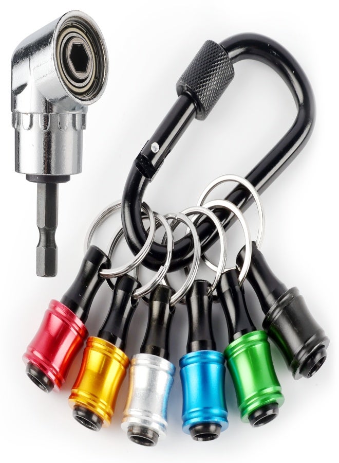 Katerk 1/4inch Hex Shank Aluminum Alloy Screwdriver Bits Holder Extension Bar Drill Screw Adapter Change Keychain Portable（6PC color with black carabiner）, Includes 105° Right Angle Drill - Image 1