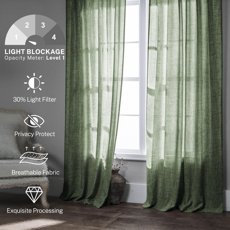MEETBILY Linen Curtains 94 Inches Long 2 Panels for Living Room Olive Green Light Filtering Soft Touch Villa Cottage Core Back Tab Boho Semi Sheer Curtains for Bedroom Gym Room Minimalist Decor - Image 2