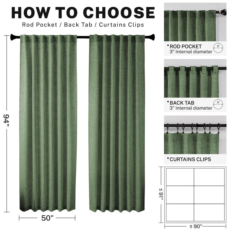 MEETBILY Linen Curtains 94 Inches Long 2 Panels for Living Room Olive Green Light Filtering Soft Touch Villa Cottage Core Back Tab Boho Semi Sheer Curtains for Bedroom Gym Room Minimalist Decor - Image 3