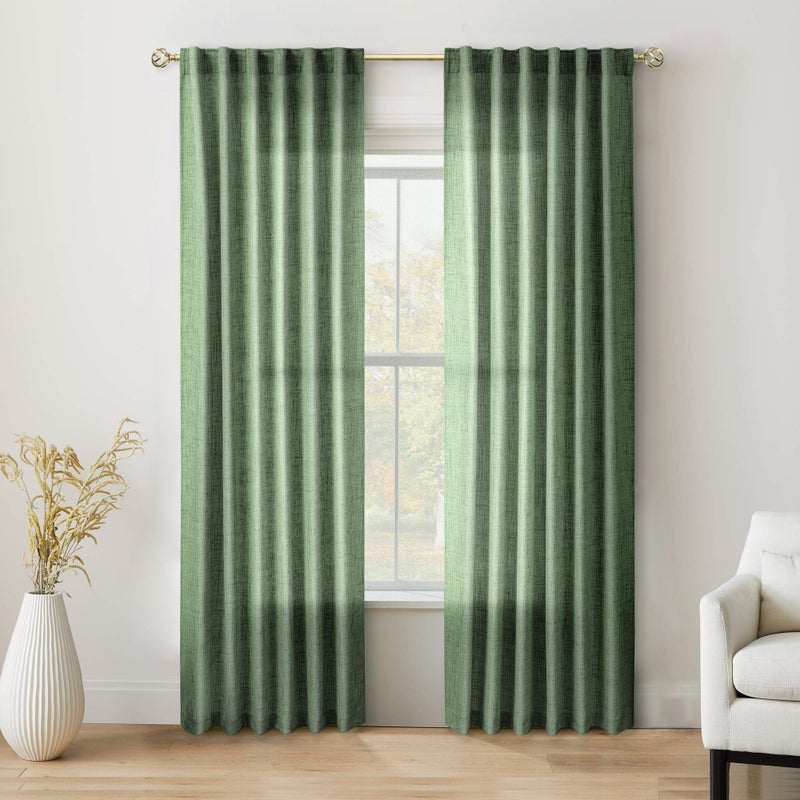MEETBILY Linen Curtains 94 Inches Long 2 Panels for Living Room Olive Green Light Filtering Soft Touch Villa Cottage Core Back Tab Boho Semi Sheer Curtains for Bedroom Gym Room Minimalist Decor - Image 1