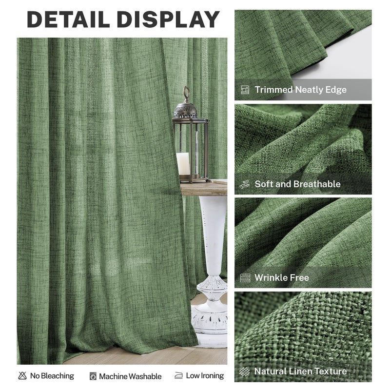 MEETBILY Linen Curtains 94 Inches Long 2 Panels for Living Room Olive Green Light Filtering Soft Touch Villa Cottage Core Back Tab Boho Semi Sheer Curtains for Bedroom Gym Room Minimalist Decor - Image 4