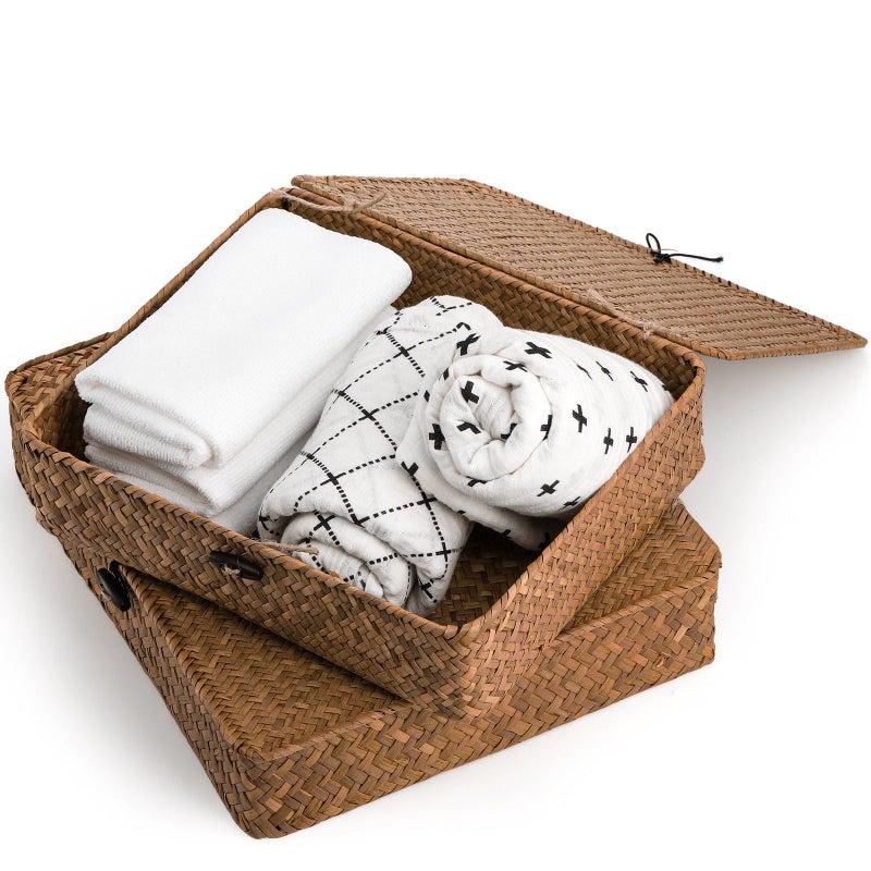 Elsjoy 2 Pack Seagrass Baskets with Lid, Wicker Storage Baskets Flat Rattan Storage Bins, Woven Organizer Baskets for Shelf, Closet, Bedroom - Image 5